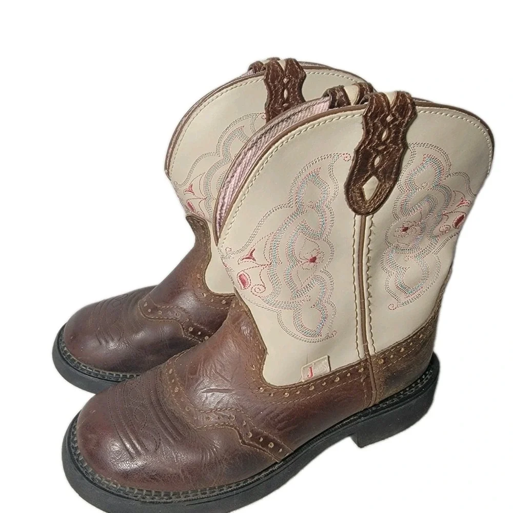 Justin Gypsy Boots Womens 9 B Brown Cream Leather Western Cowgirl Embroidered